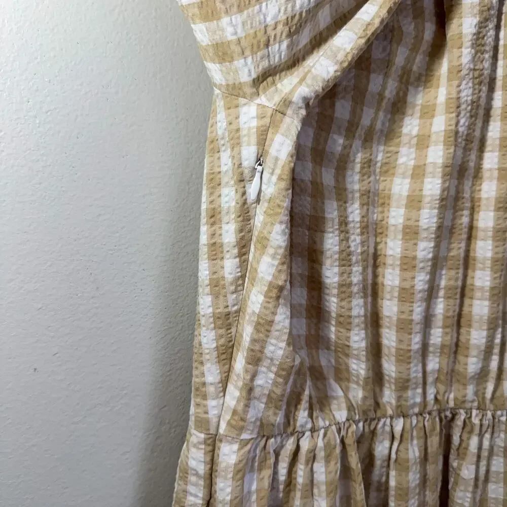 J. Crew Tan Gingham Seersucker Ruffle Neck Tiered Mini Dress